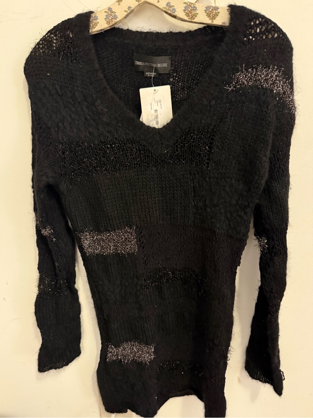 Zadig & Voltaire Deluxe Emma Patchwork Mohair Tinsel Sweater Black S NWT